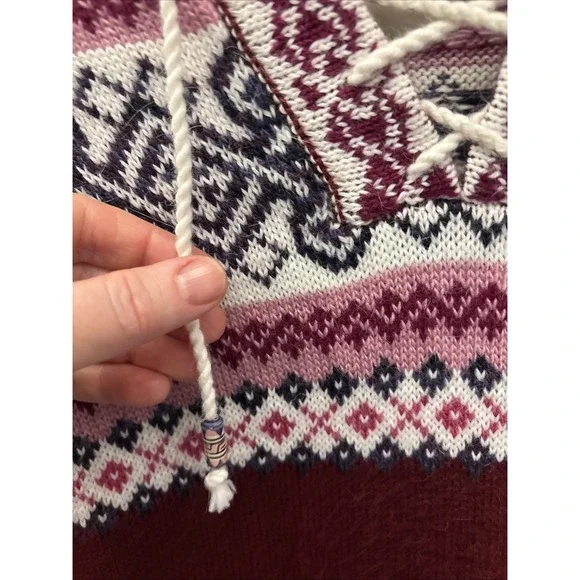 Artesania Hooded Pullover Fair Isle Sweater Lace Up Alpaca Women's Size L Peru - Picture 4 of 15